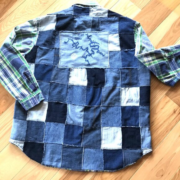 Upcycled Patchwork Jean Jacket, Men's XL: Lake of the Ozarks Denim Patch Shirt - Picture 13 of 14